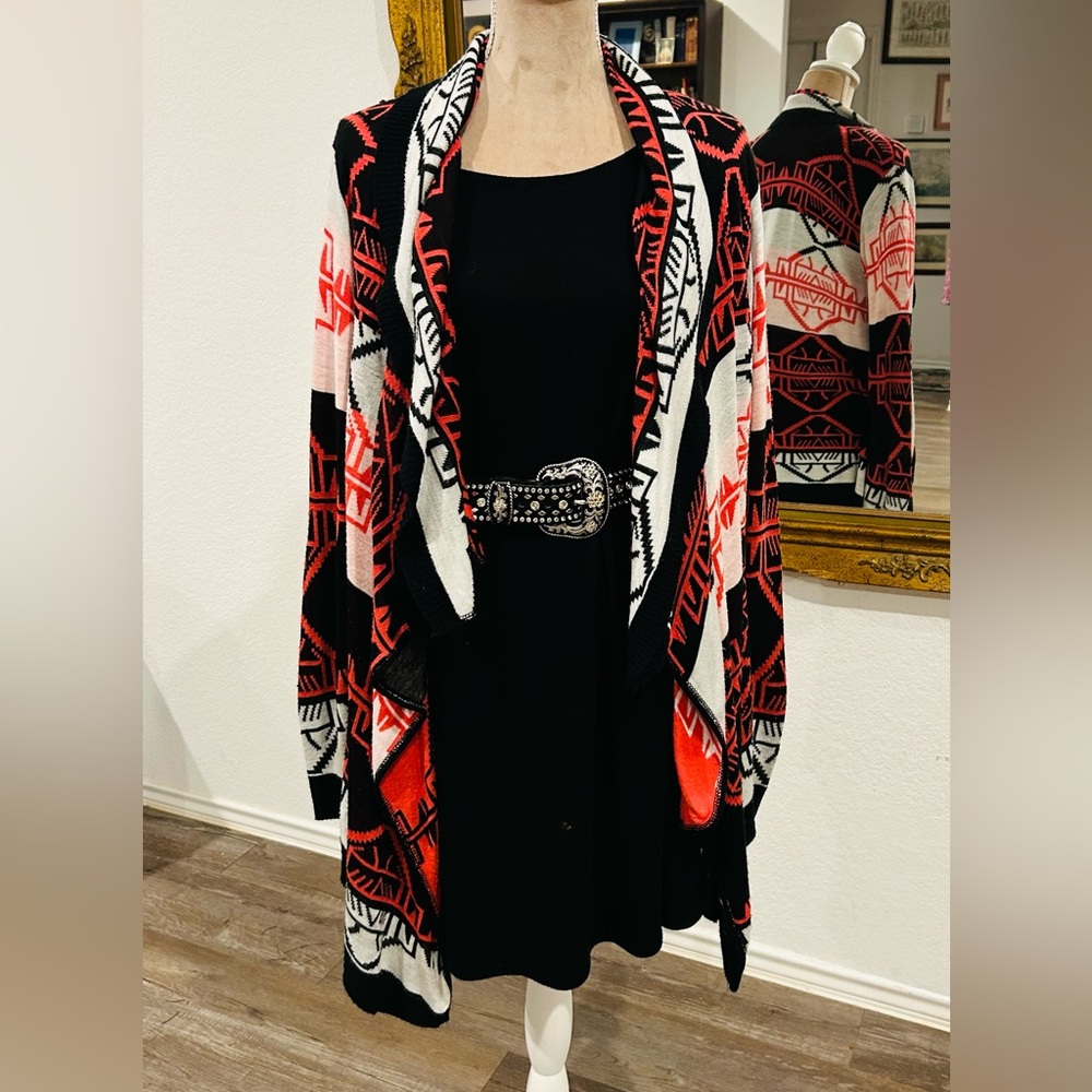 Southwestern Aztec Tribal Western Waterfall Open Front Cardigan Sweater Sz 1X - Picture 2 of 8